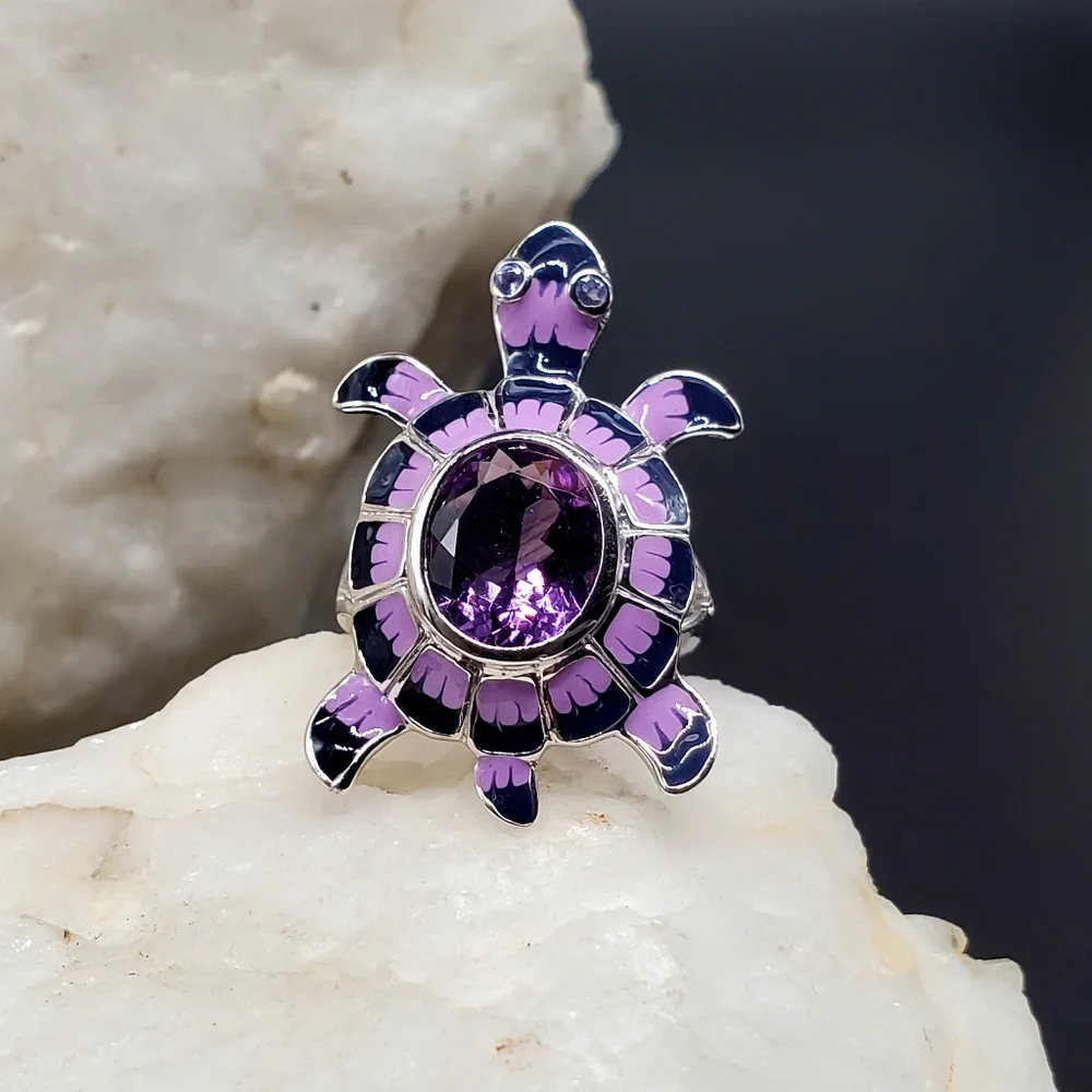 Solid Sterling Silver 925 Large Genuine Amethyst Gemstone Turtle Jewelry